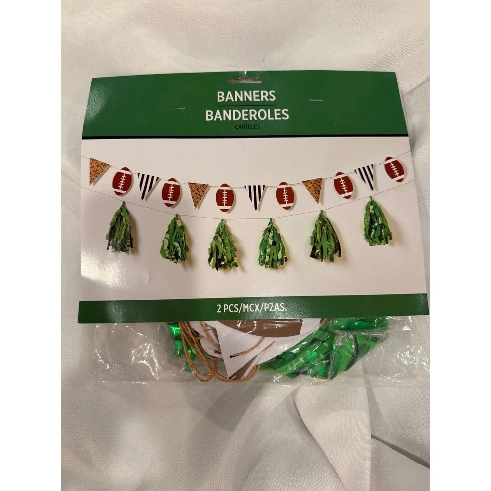 Amscan Football Party Banners 2pc Set 10ft Pennant and Green Tassel Decorations